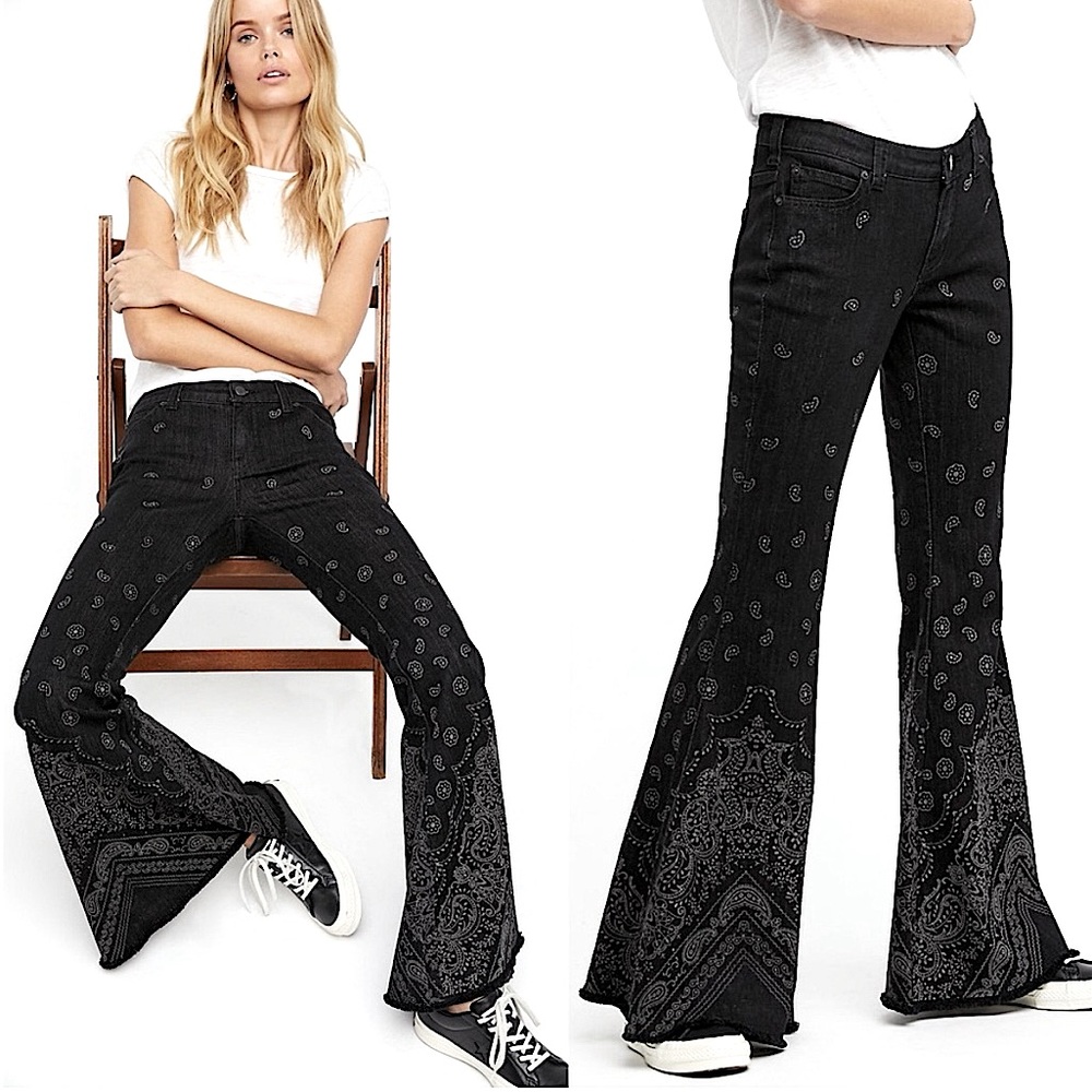 FREE PEOPLE Black Bandana Super Flare Jeans - Picture 2 of 14
